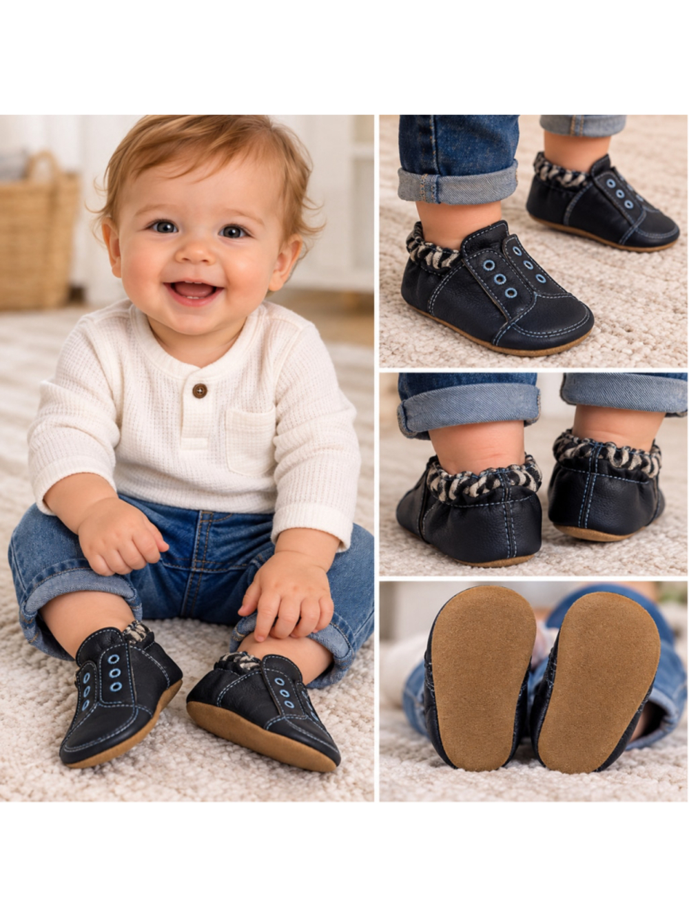 Robeez Soft Soles Leather Baby Shoes Black Blue 12–18 Months NIB